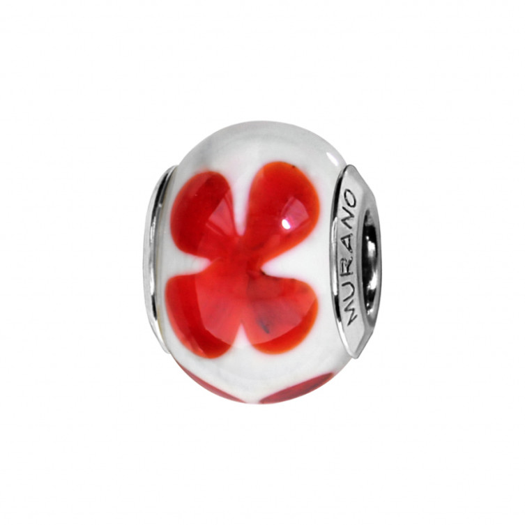 Charms en Argent & Murano Blanc motif fleur rouge