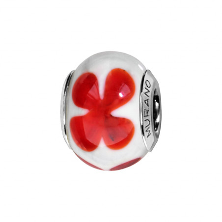 Charms en Argent & Murano Blanc motif fleur rouge