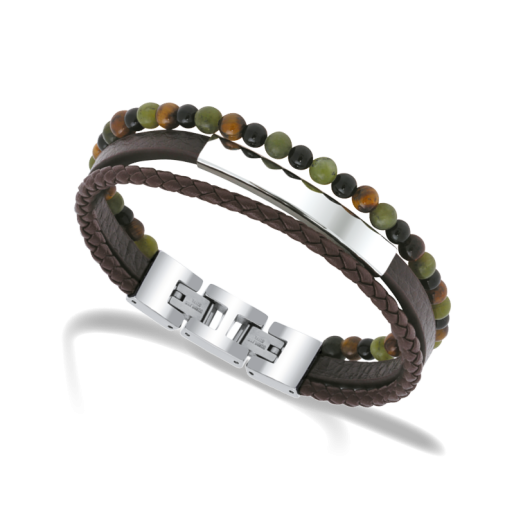 Bracelet "Yale" en Acier, Cuir et Perles