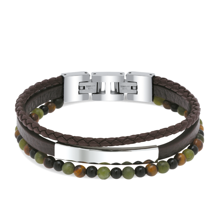 Bracelet "Yale" en Acier, Cuir et Perles