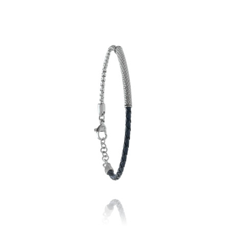 Bracelet "ELI" en Acier & Cuir Bleu