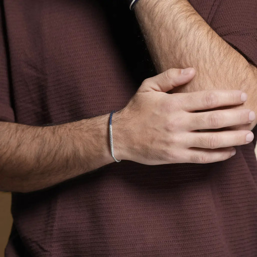 Bracelet "ELI" en Acier & Cuir Bleu